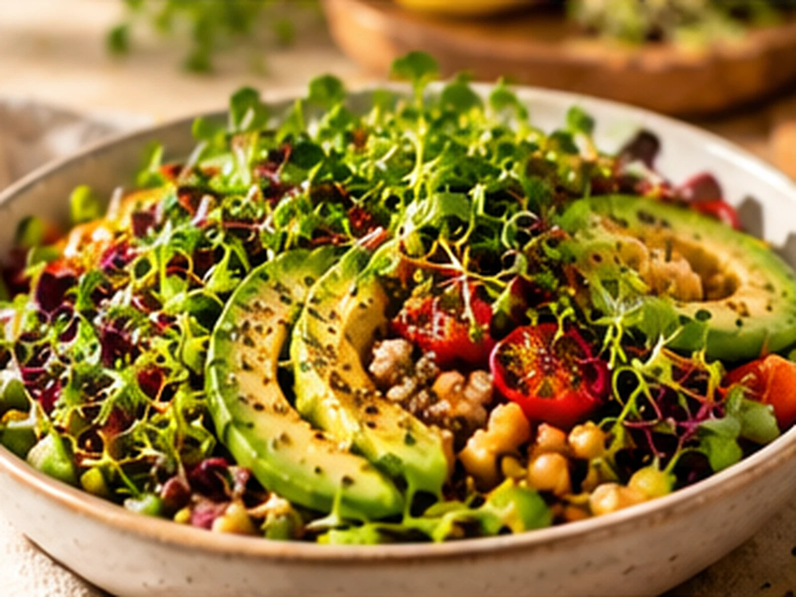 Microgreens on a grain and avocado bowl