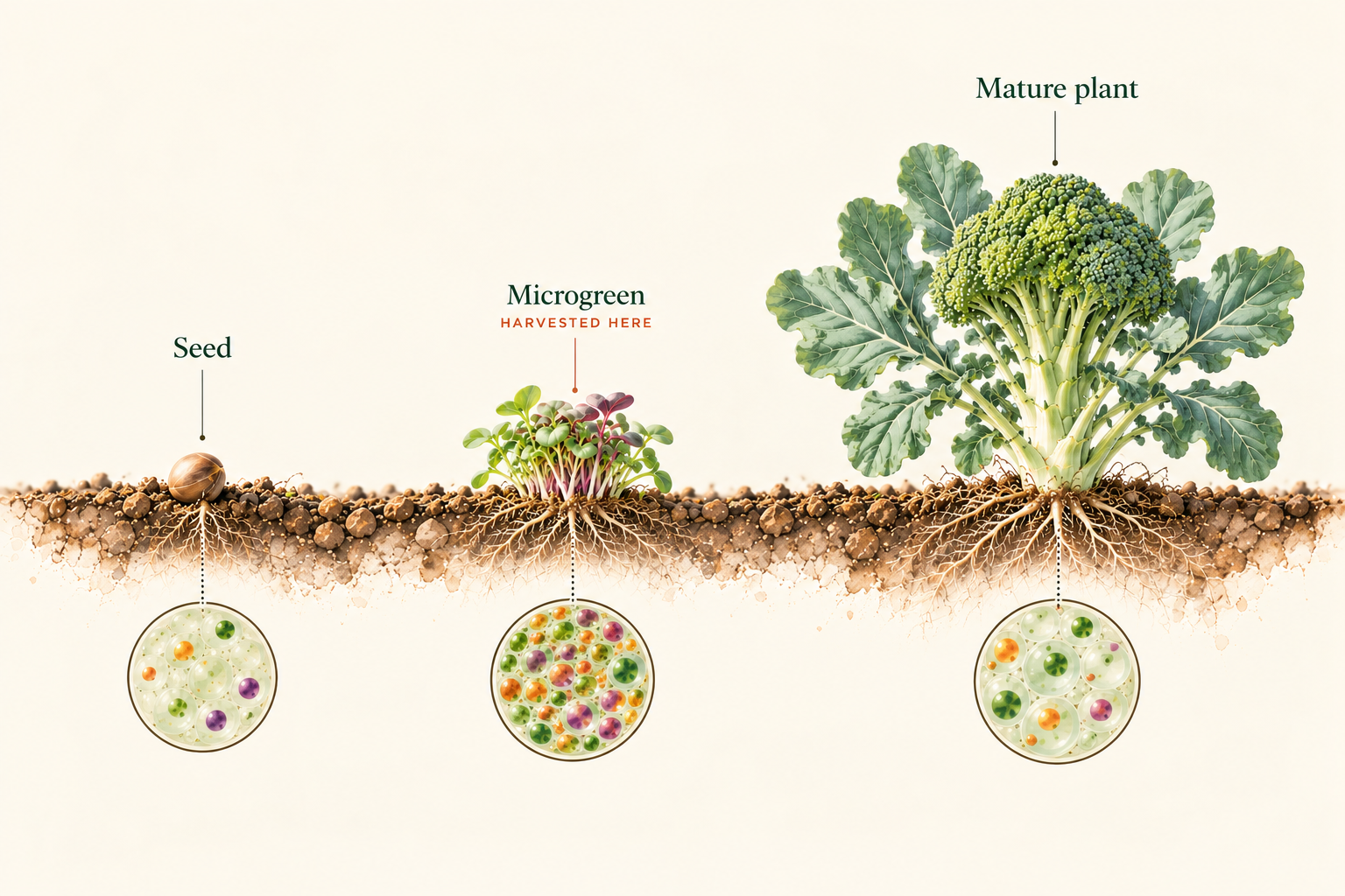 Seed, microgreen and mature broccoli concentration illustration