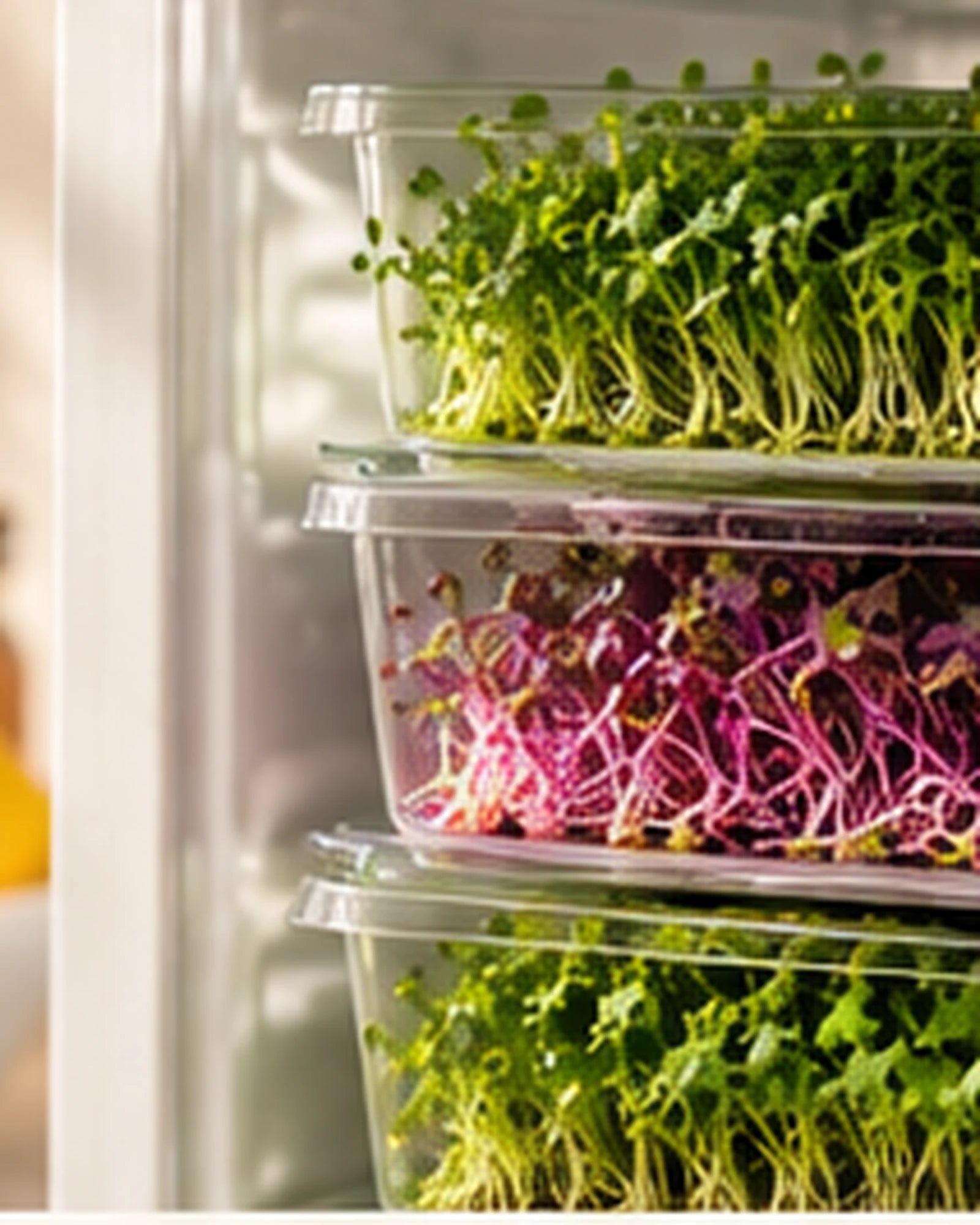 Fresh microgreens stocked in a home refrigerator