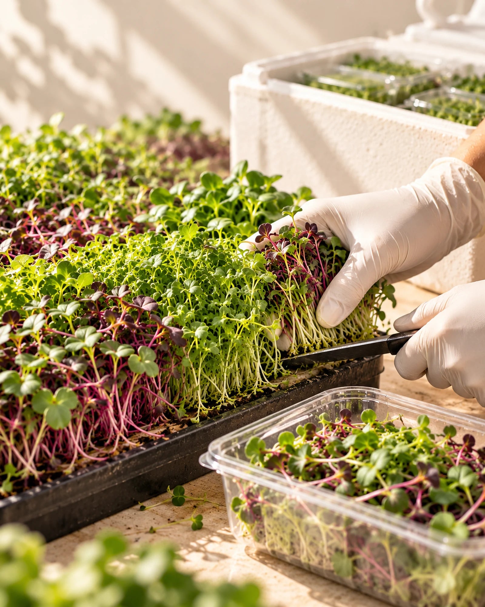 Fresh microgreens being harvested carefully for delivery