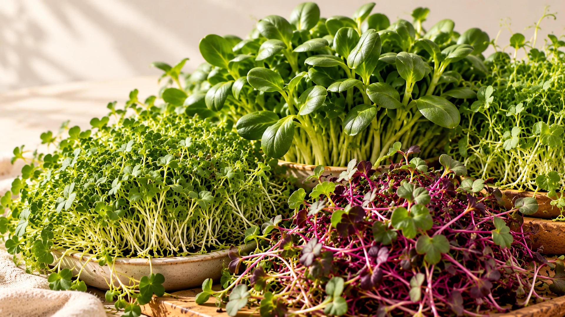 Broccoli, sunflower, radish and melon microgreens in warm natural light