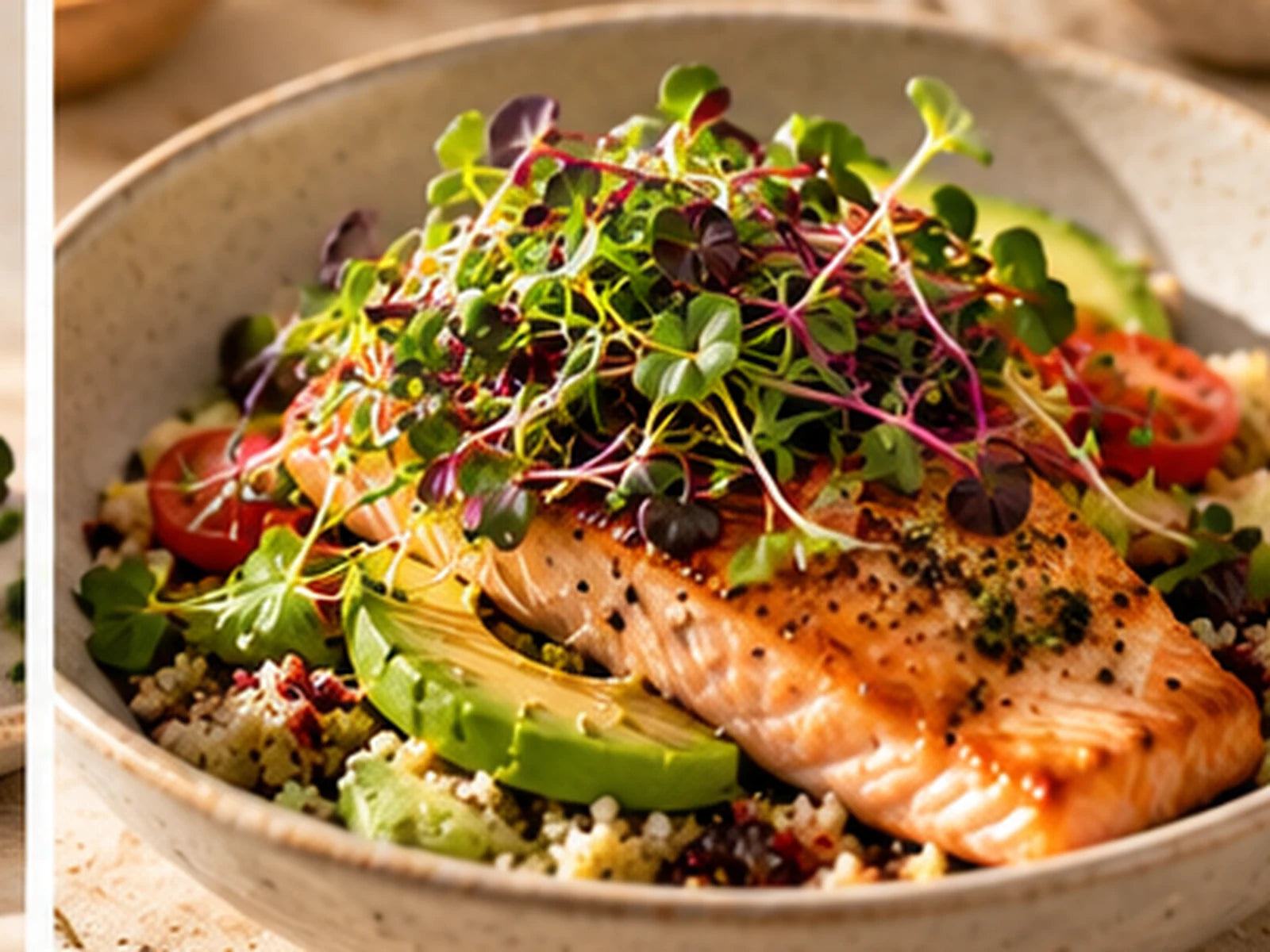 Microgreens on a salmon grain bowl
